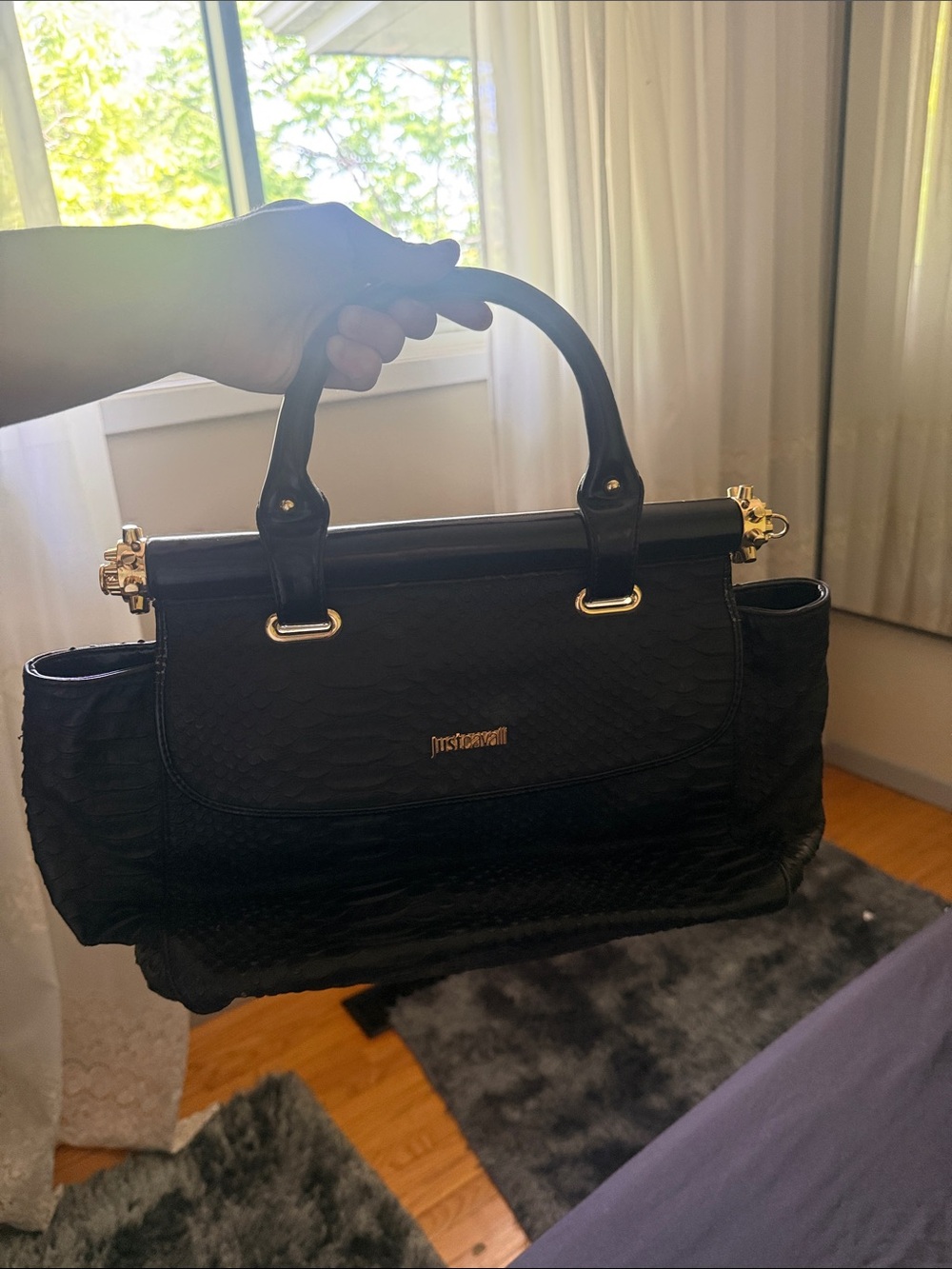 Just Cavalli Black Textured Satchel with Gold Hardware